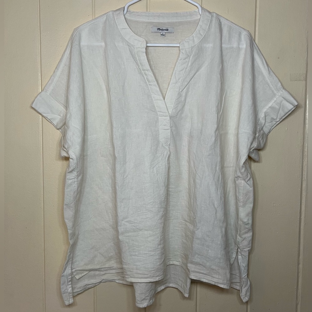 SOLD Madewell Short Sleeve Cotton Thin Loose Cream V Neck Shirt Size Large